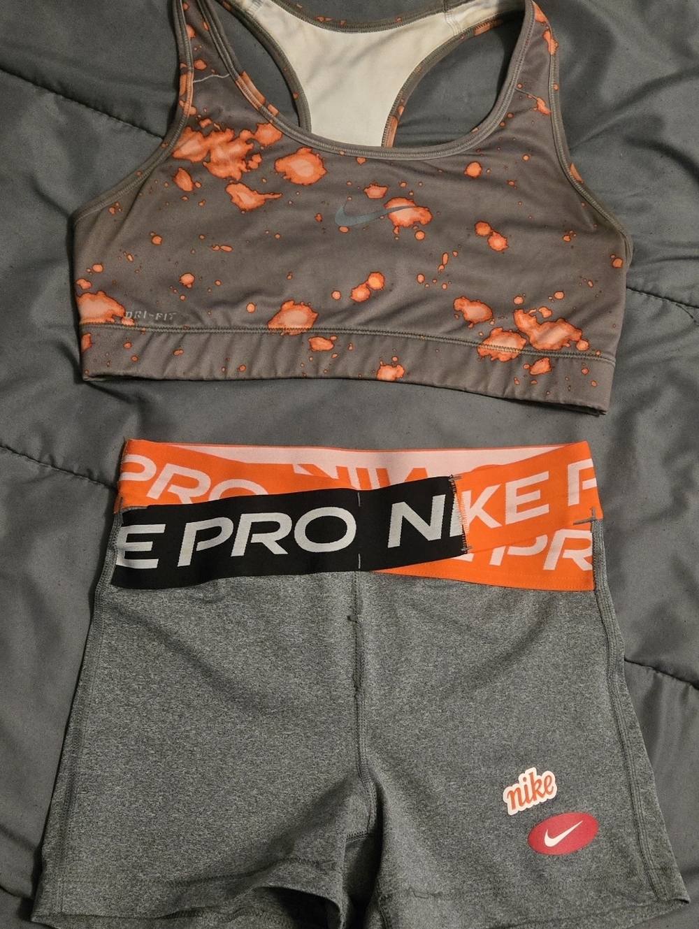 Nike Gray and Orange Splatter Sports Bra with Gray Pro Shorts